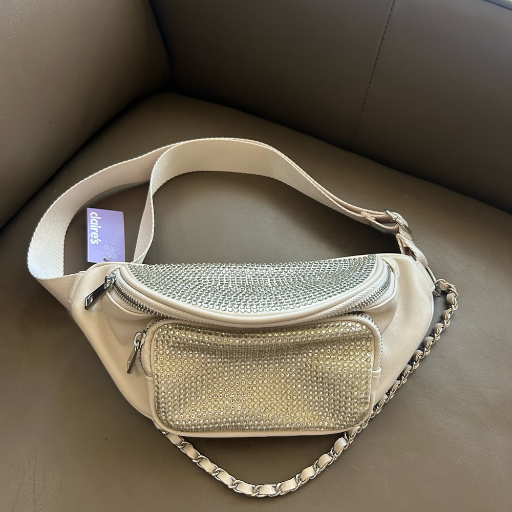 Ivory Rhinestone-Studded Faux-Leather Belt Bag